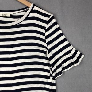 Promesa Womens Striped Jersey Top Medium Black Tshirt Ruffle Sleeves Rayon